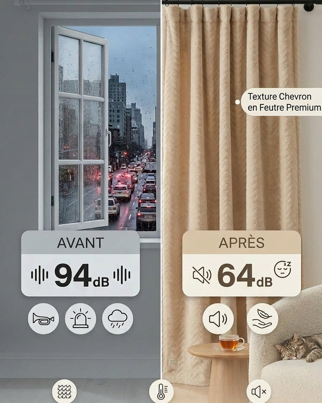 Rideau Phonique 3-en-1, Occultant & Thermique, Isolation 30 dB Beige