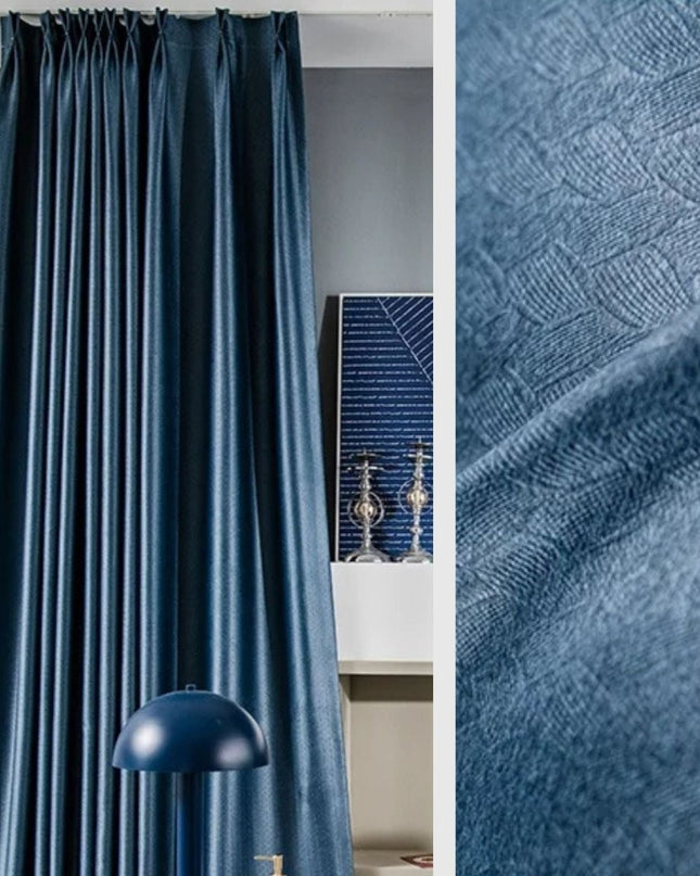 Rideau Semi-Occultant — Bleu Acier Motif Briques Jacquard