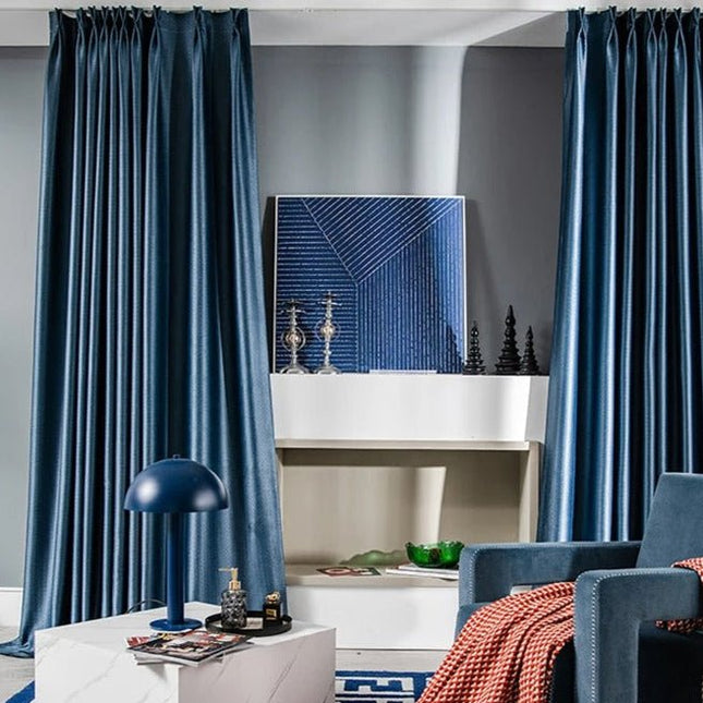 Rideau Semi-Occultant — Bleu Acier Motif Briques Jacquard